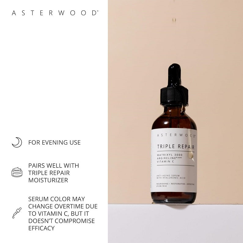 Amber facial serum bottle with black dropper cap, evening-use directions