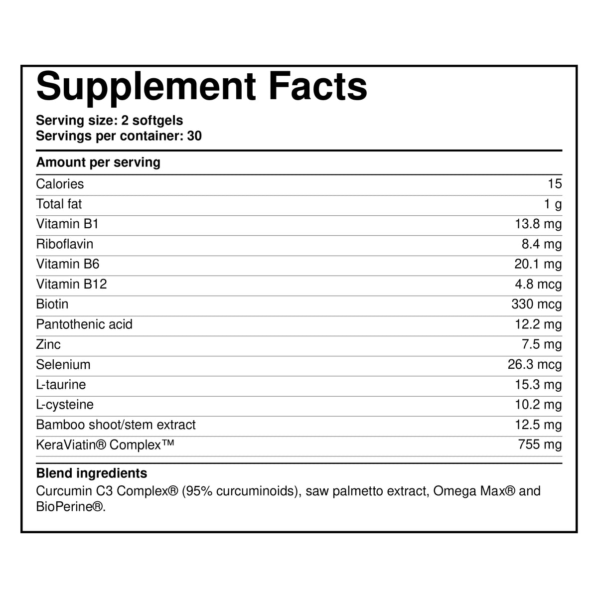 Hair & scalp supplement Supplement Facts panel with serving size and vitamins