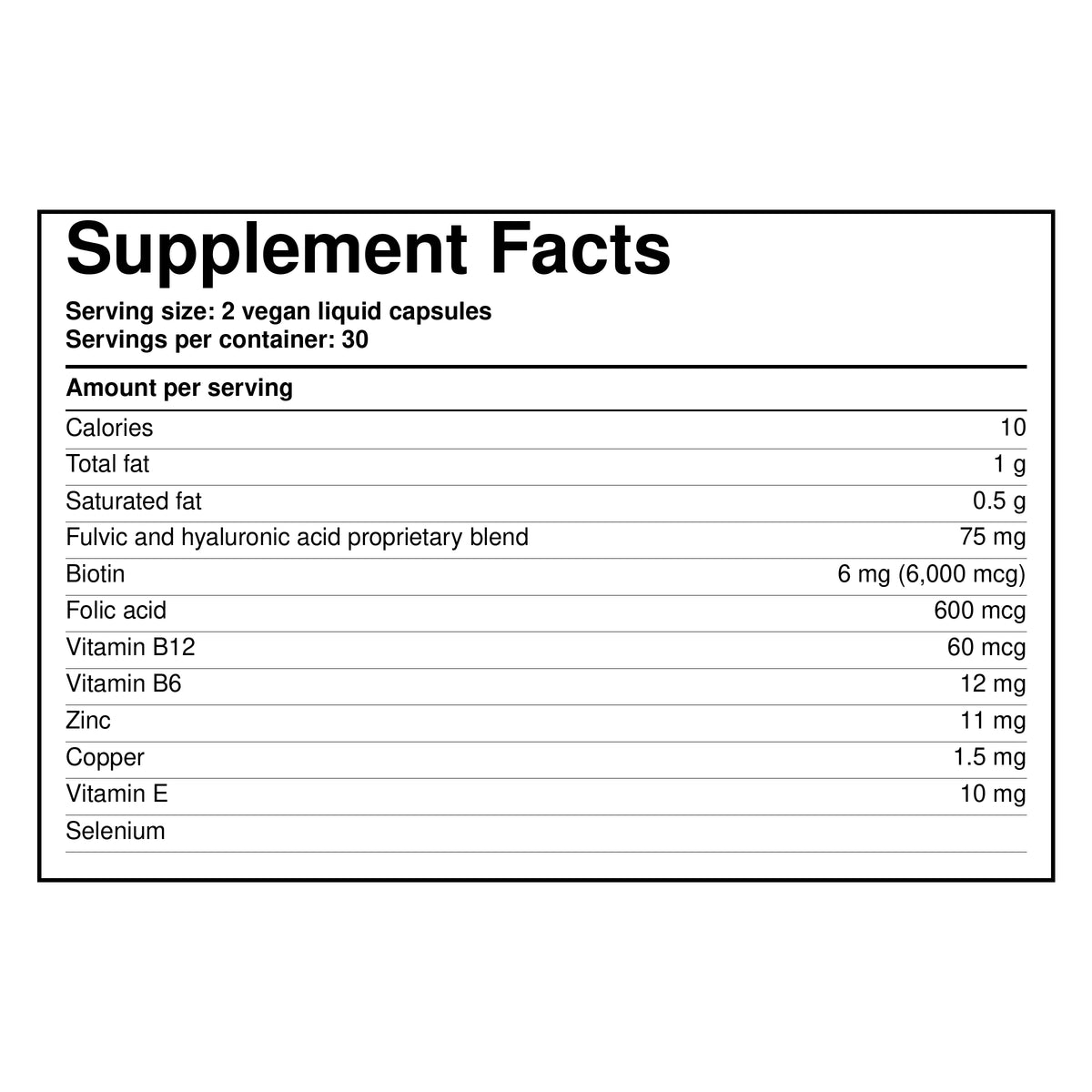 Hair growth supplement Supplement Facts panel with key vitamins and biotin amounts