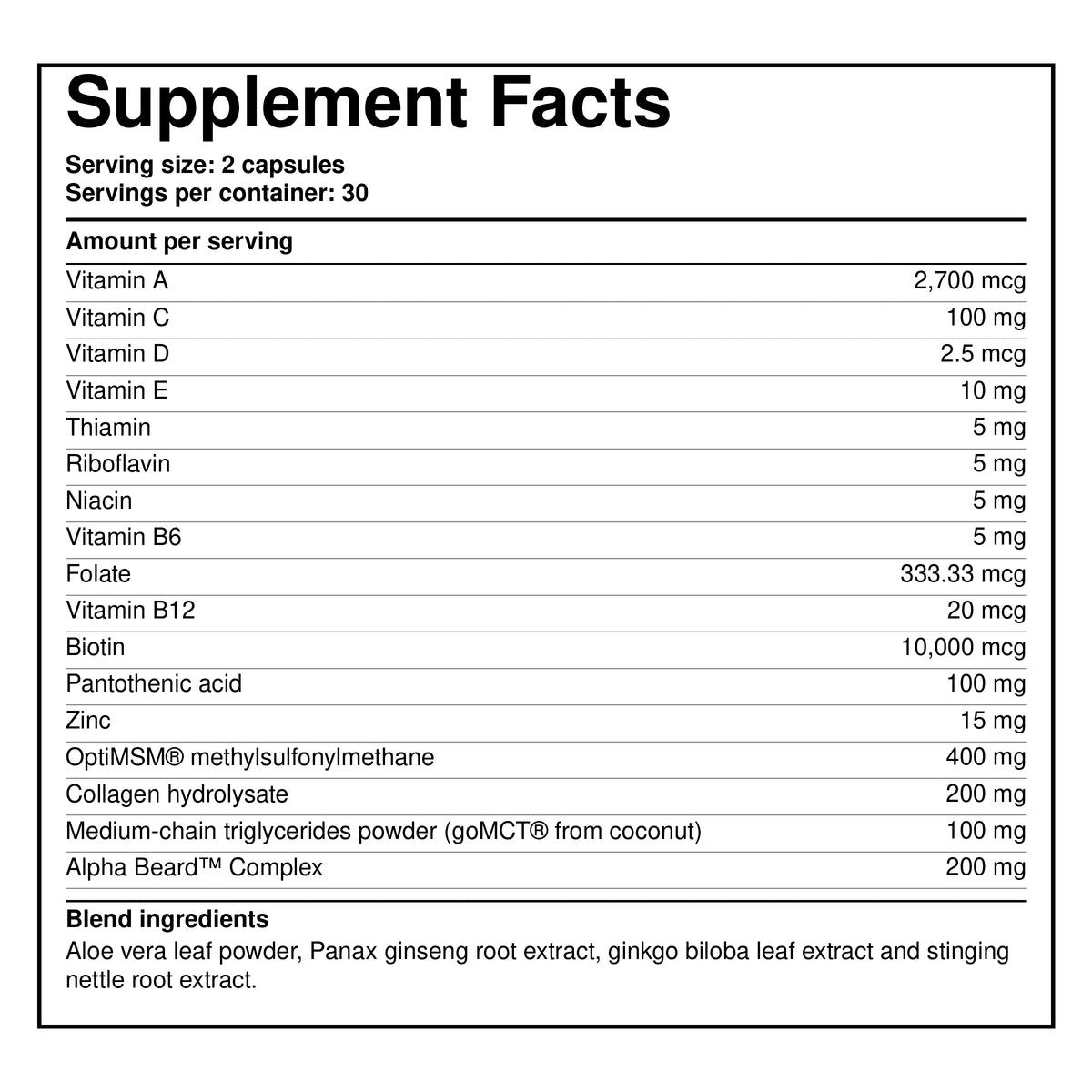 Beard growth supplement facts panel with vitamins and minerals per serving