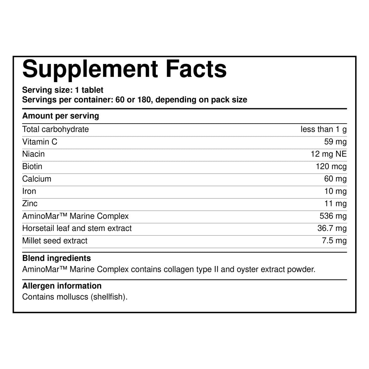 Hair growth supplement Supplement Facts label listing vitamins, minerals, and serving size 1 tablet