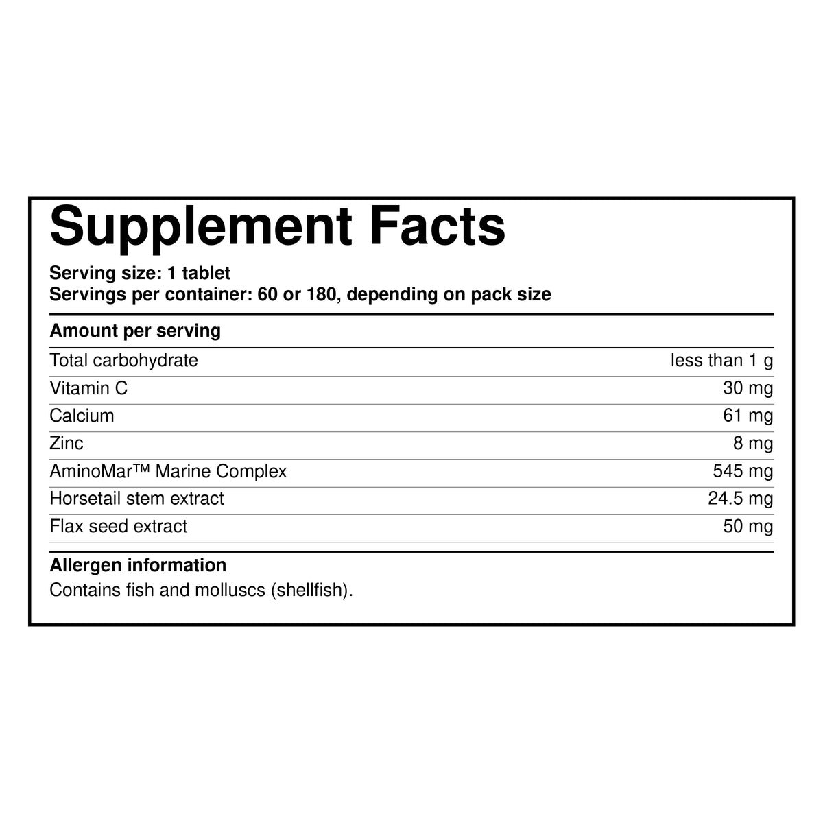 Supplement Facts nutrition panel for hair growth dietary supplement tablets