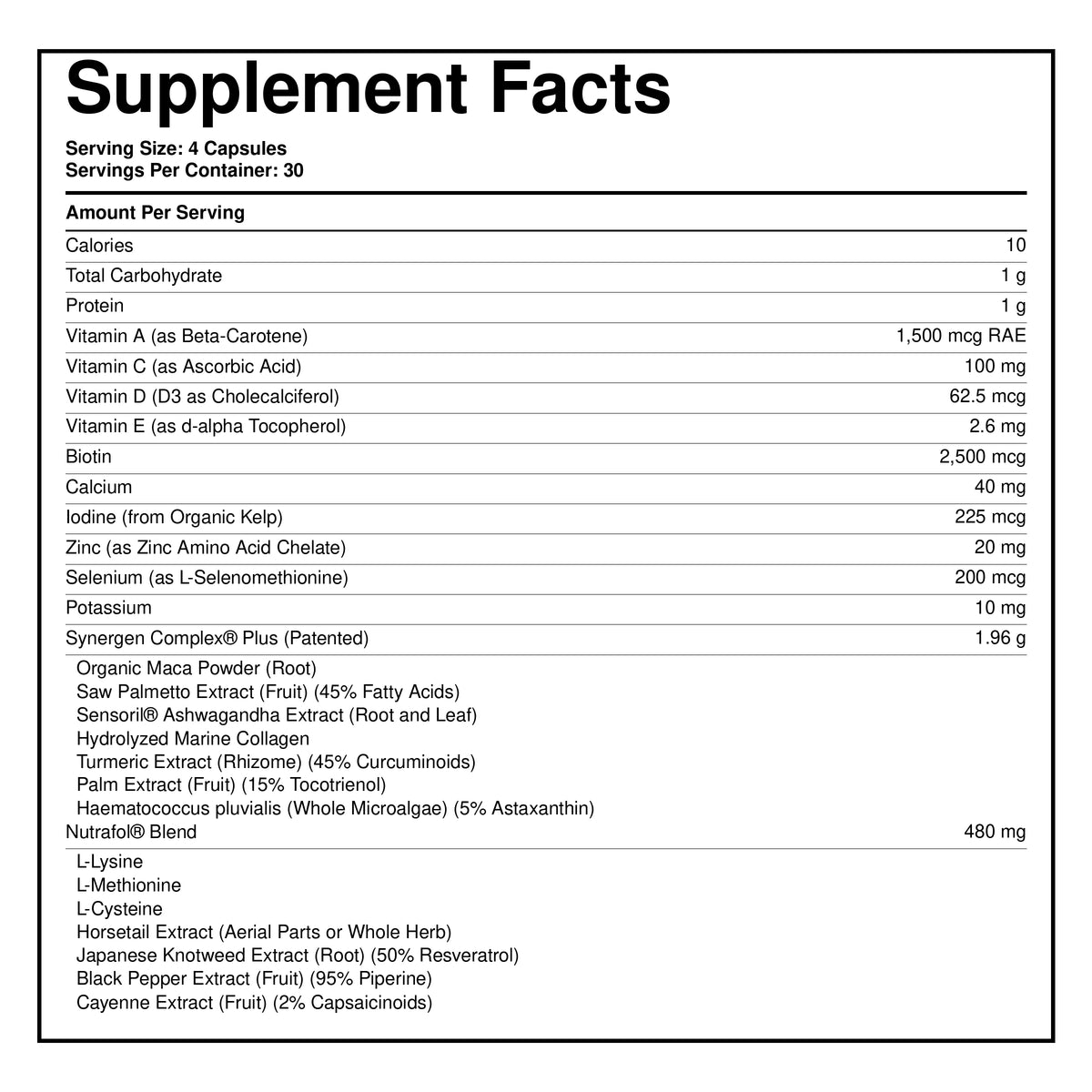 Supplement Facts nutrition chart with serving size and ingredient list