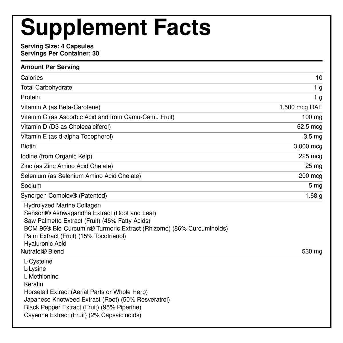 Nutrafol Women supplement facts panel with servings and ingredients details