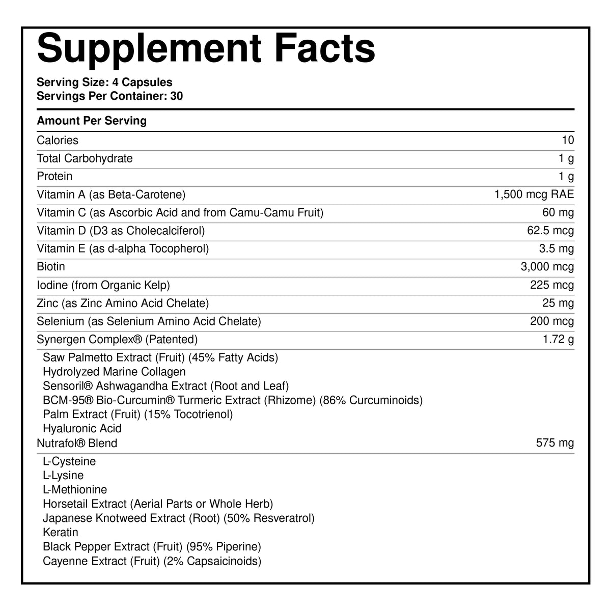 Supplement Facts panel with serving size and ingredient list