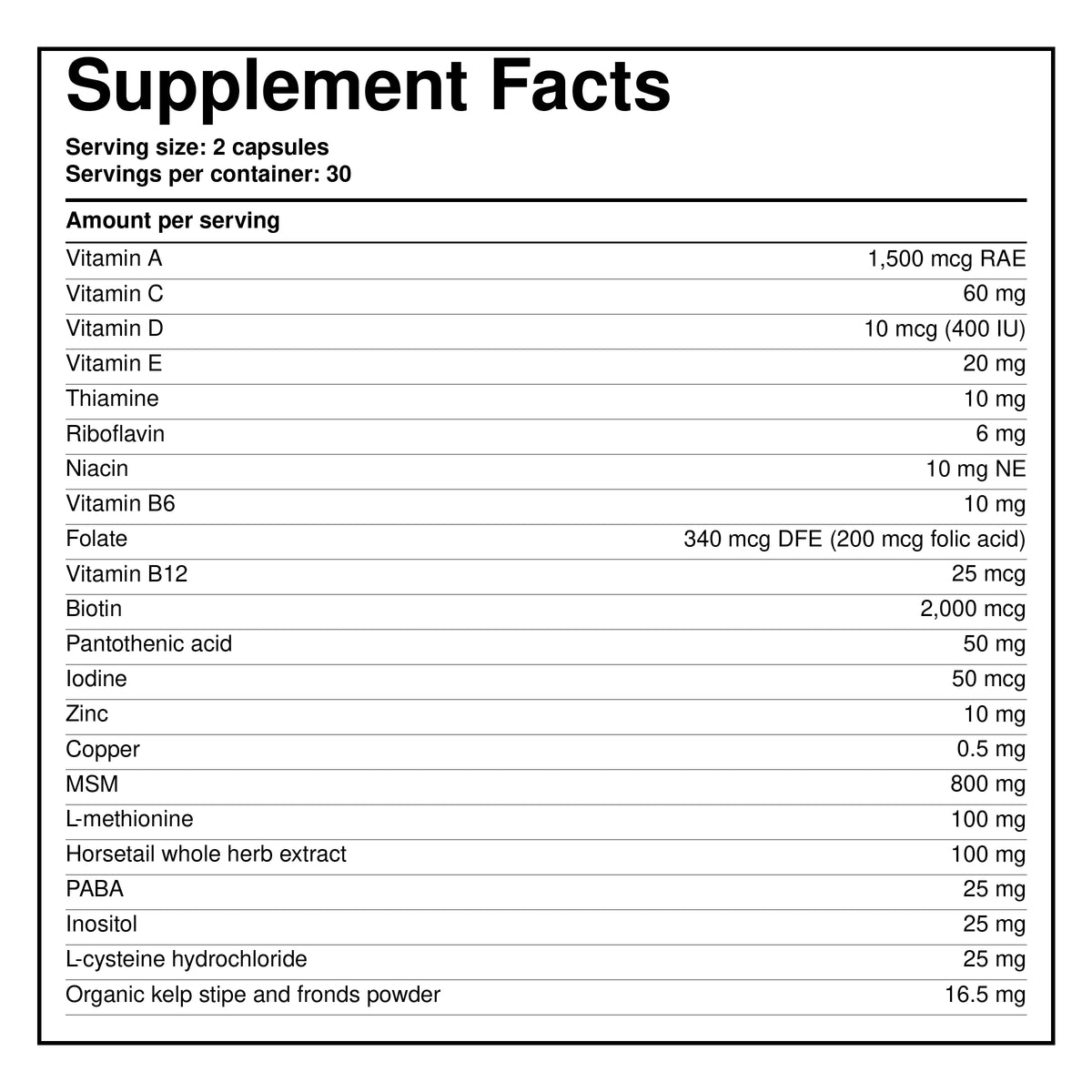 Beard growth vitamins Supplement Facts panel with ingredient and dosage list
