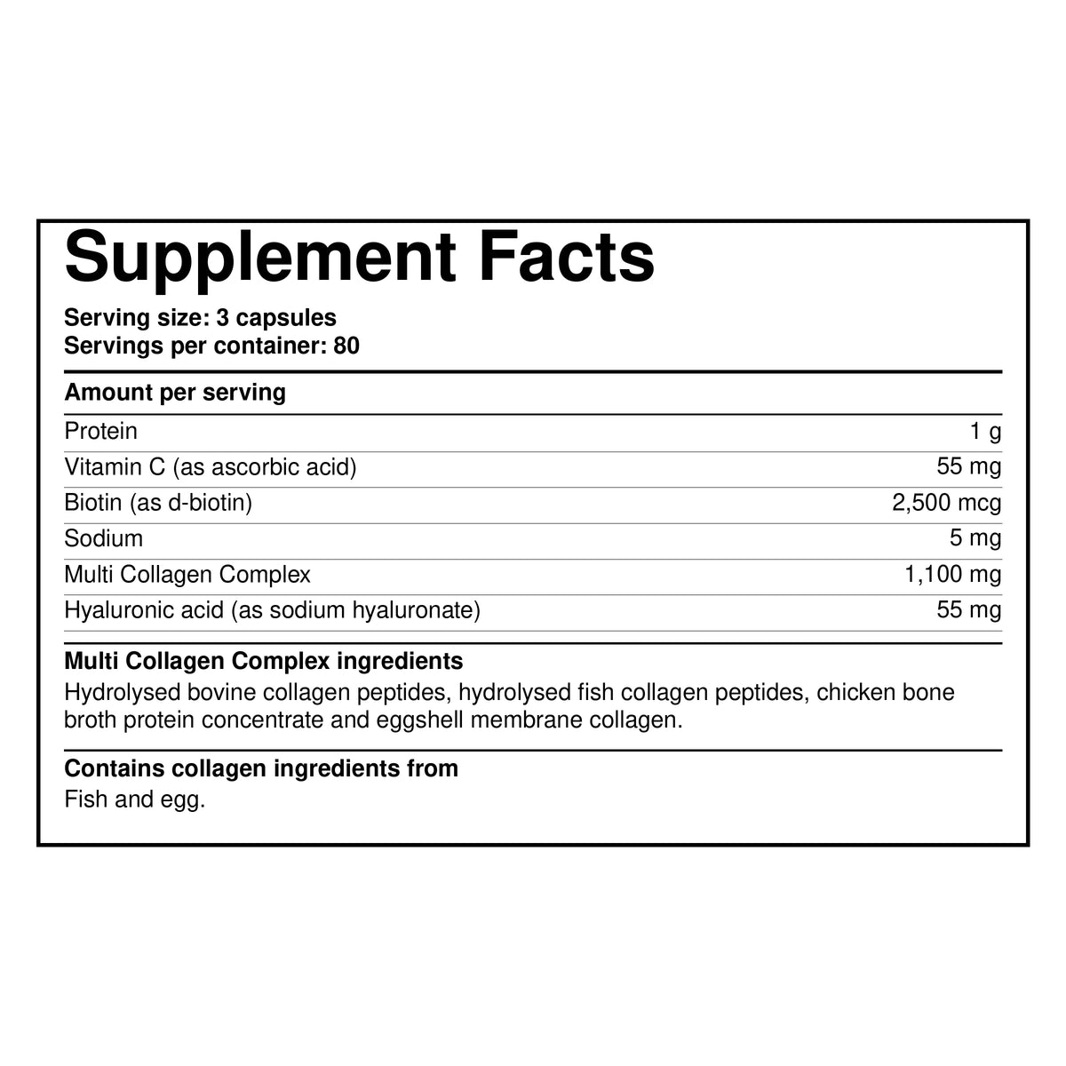 Supplement Facts label for multi-collagen peptides complex, serving 3 capsules