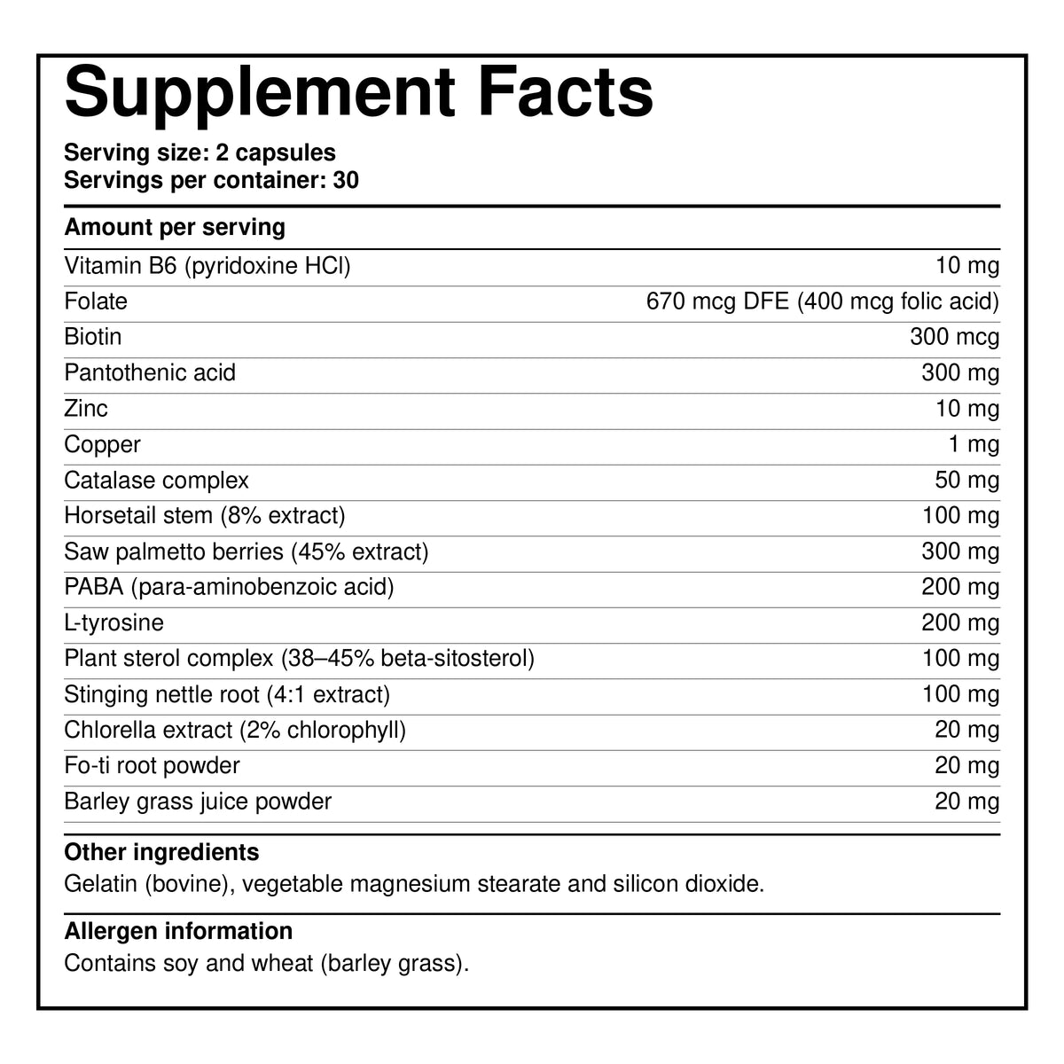 Supplement Facts label showing capsule servings, ingredients, and dosage amounts