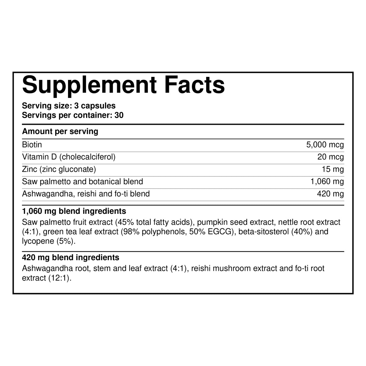 Peak Vitals DHT For Men — Supplement Facts