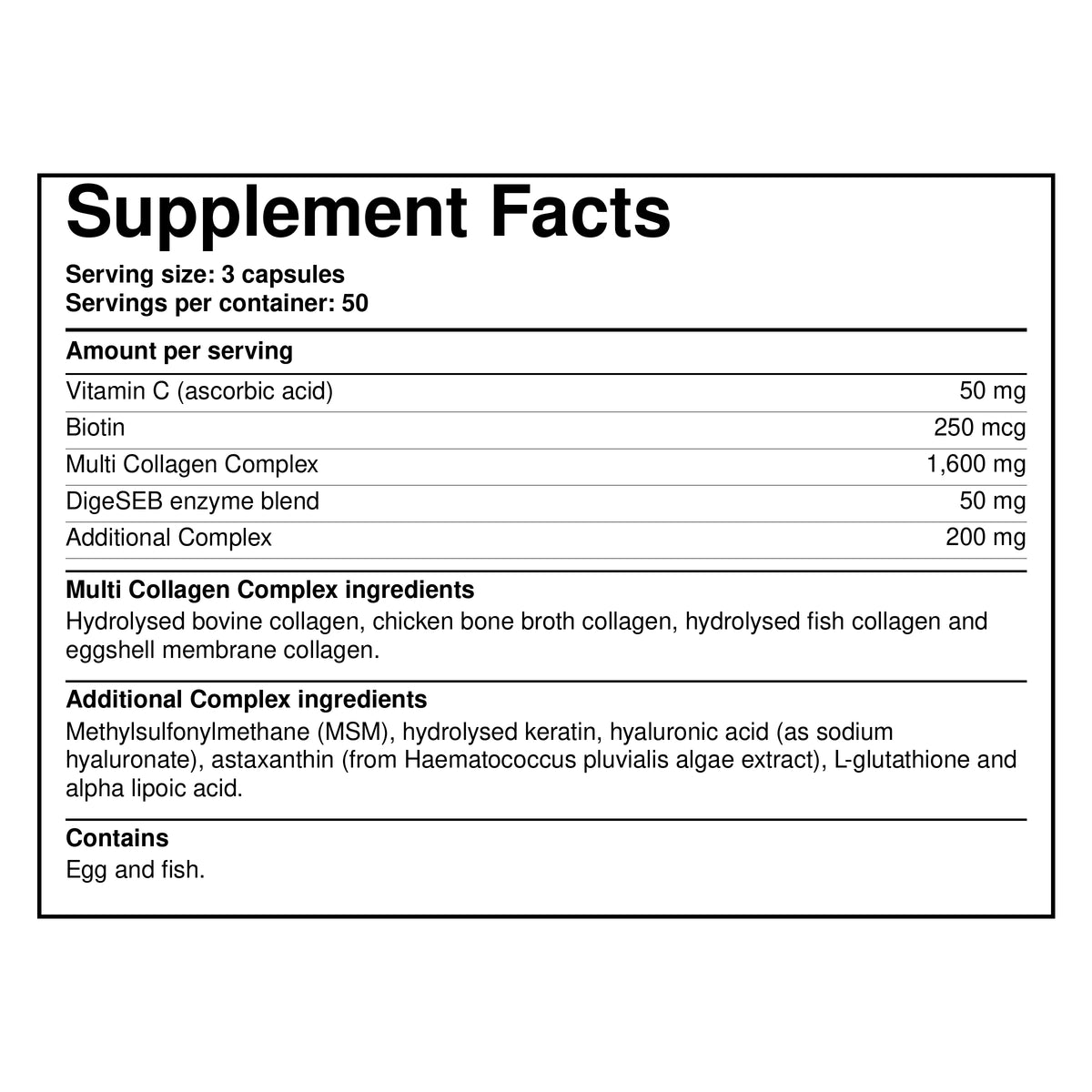 Supplement Facts label for multi collagen complex supplement, serving size and ingredients