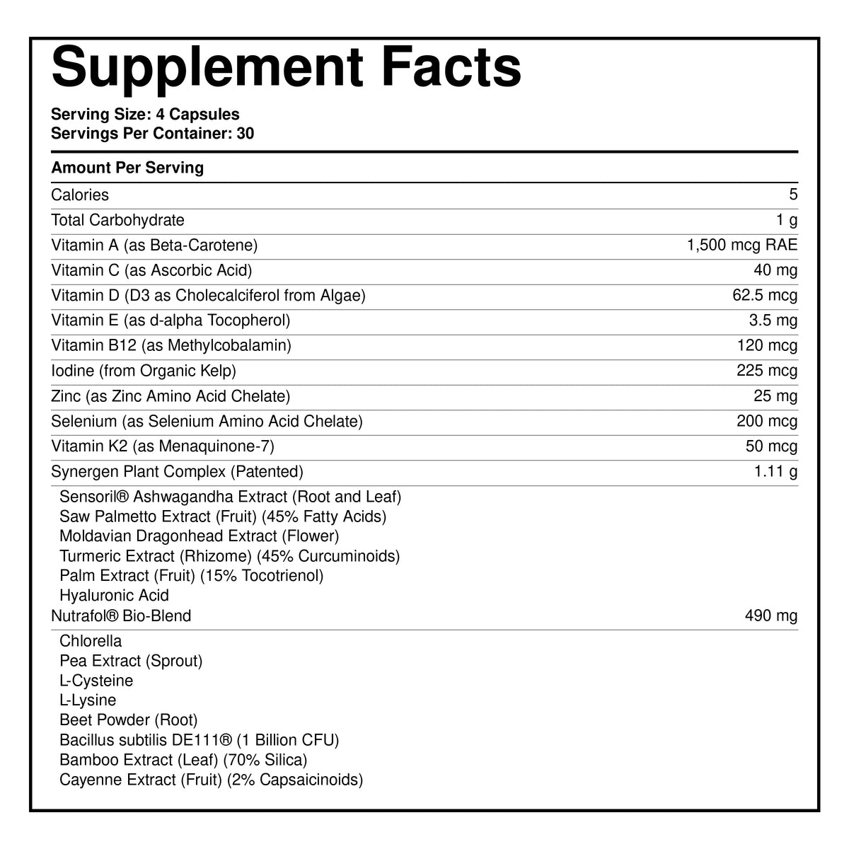 Supplement facts label for a women’s vegan hair supplement, servings and ingredients panel