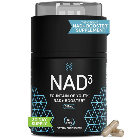 HPN NAD3 supplement bottle with two clear capsules, black jar and teal design