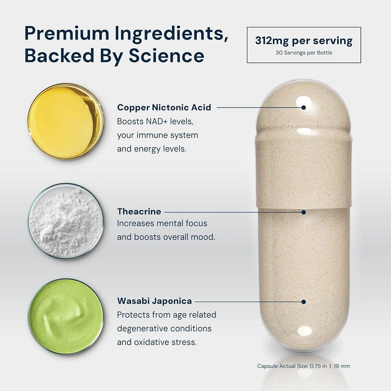 NAD3 supplement bottle with beige capsule and ingredient graphic scoops