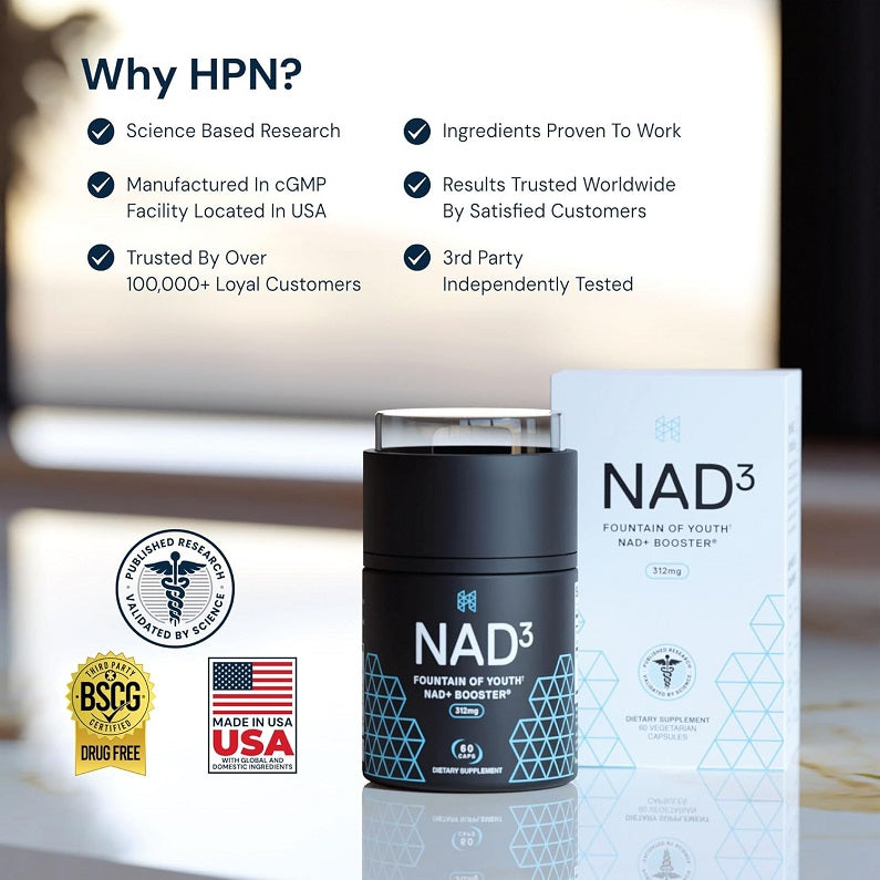 HPN NAD3 supplement bottle with matching white box, black container and teal logo