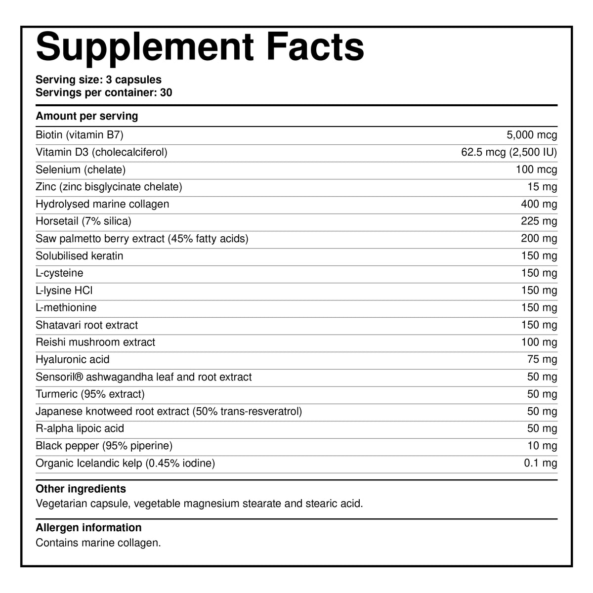 Hair growth supplement Supplement Facts label with serving size and ingredients list