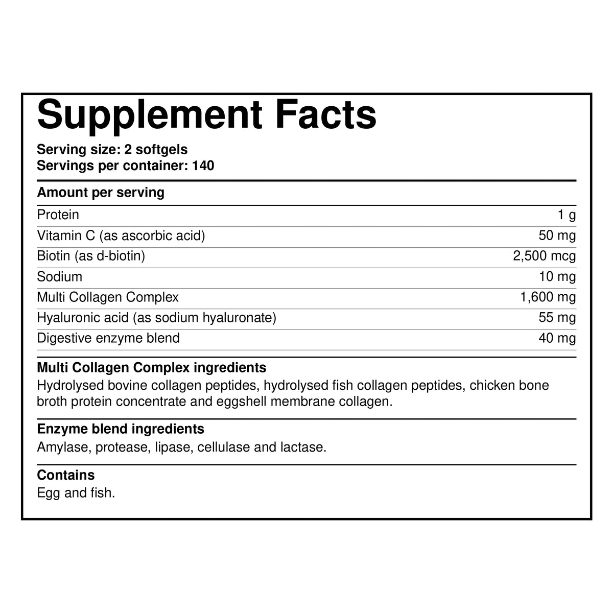Supplement facts label with serving size 2 softgels and collagen peptides amounts