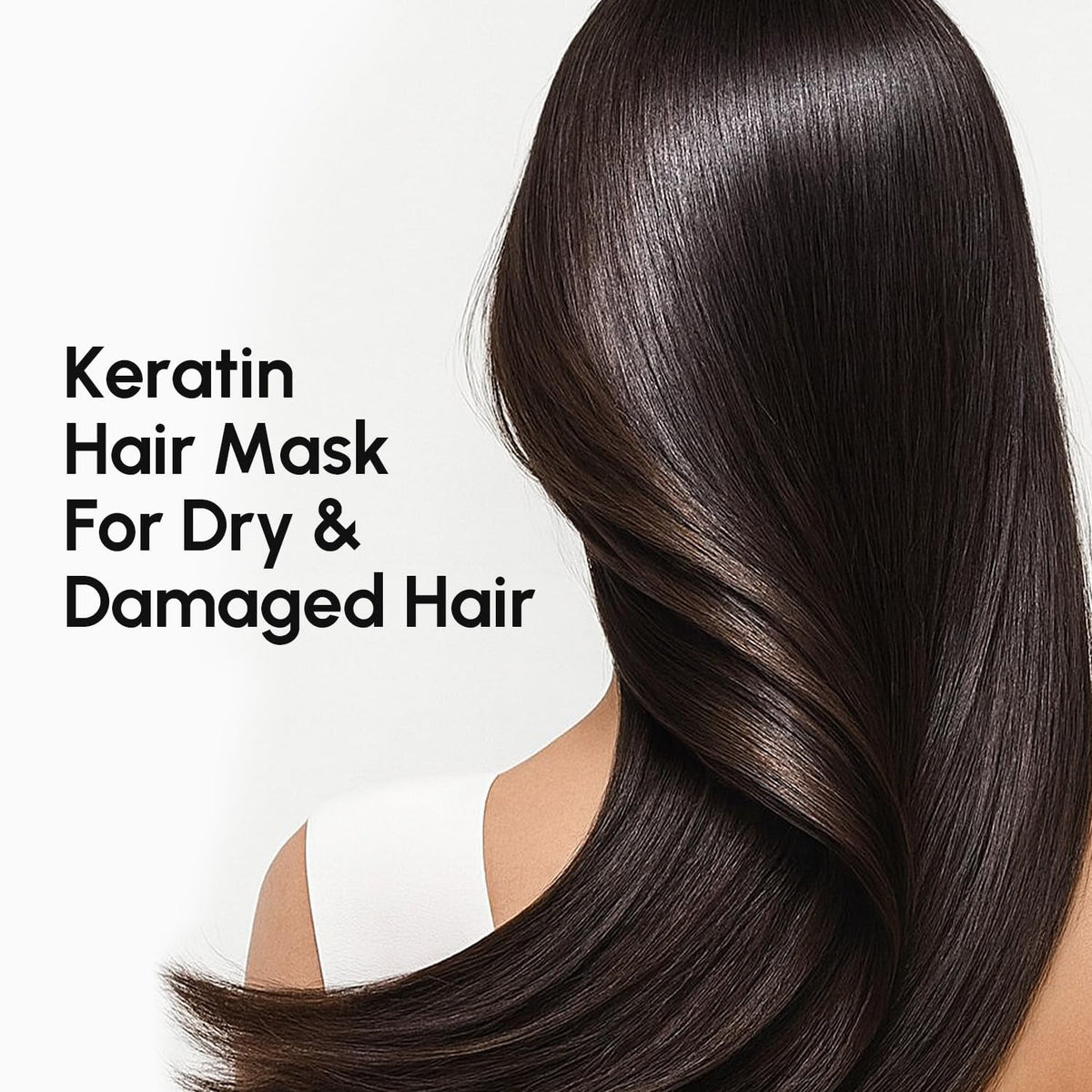 MAREE Keratin Hair Mask on smooth dark, glossy hair, side view
