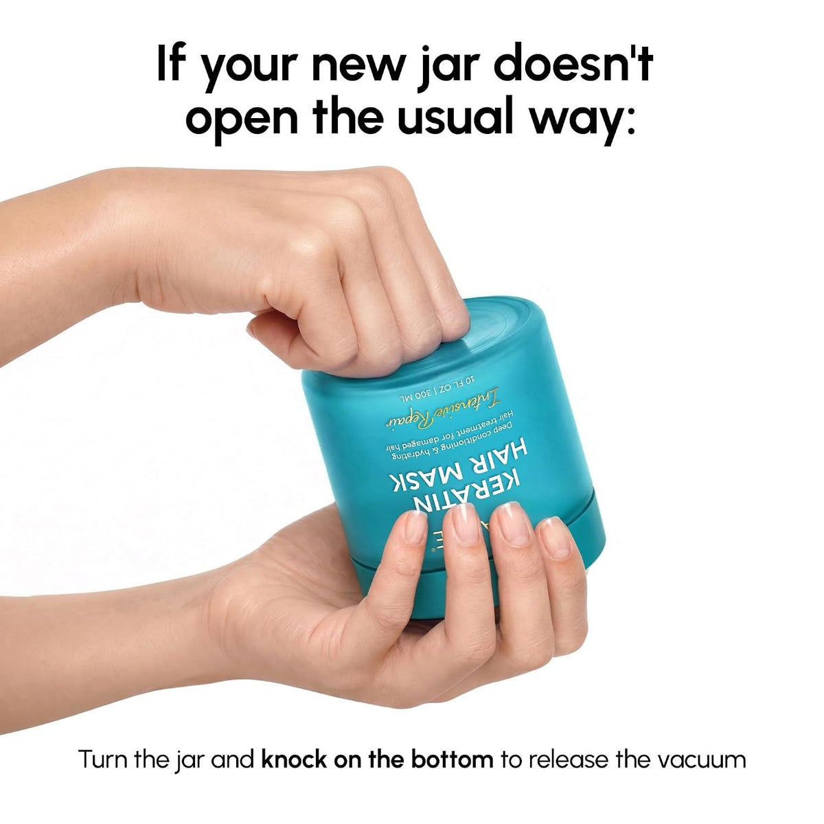 MAREE Keratin Hair Mask jar with hands opening turquoise container