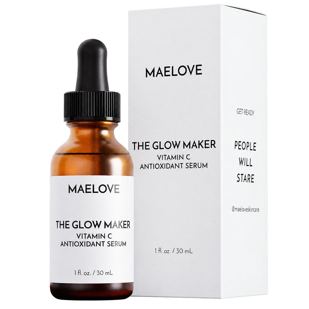 Vitamin C antioxidant serum bottle with dropper, shown with MAELOVE box