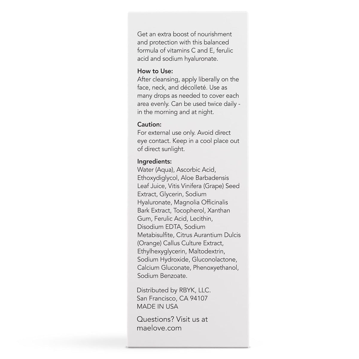 MAELOVE vitamin C serum box back with ingredients and use information