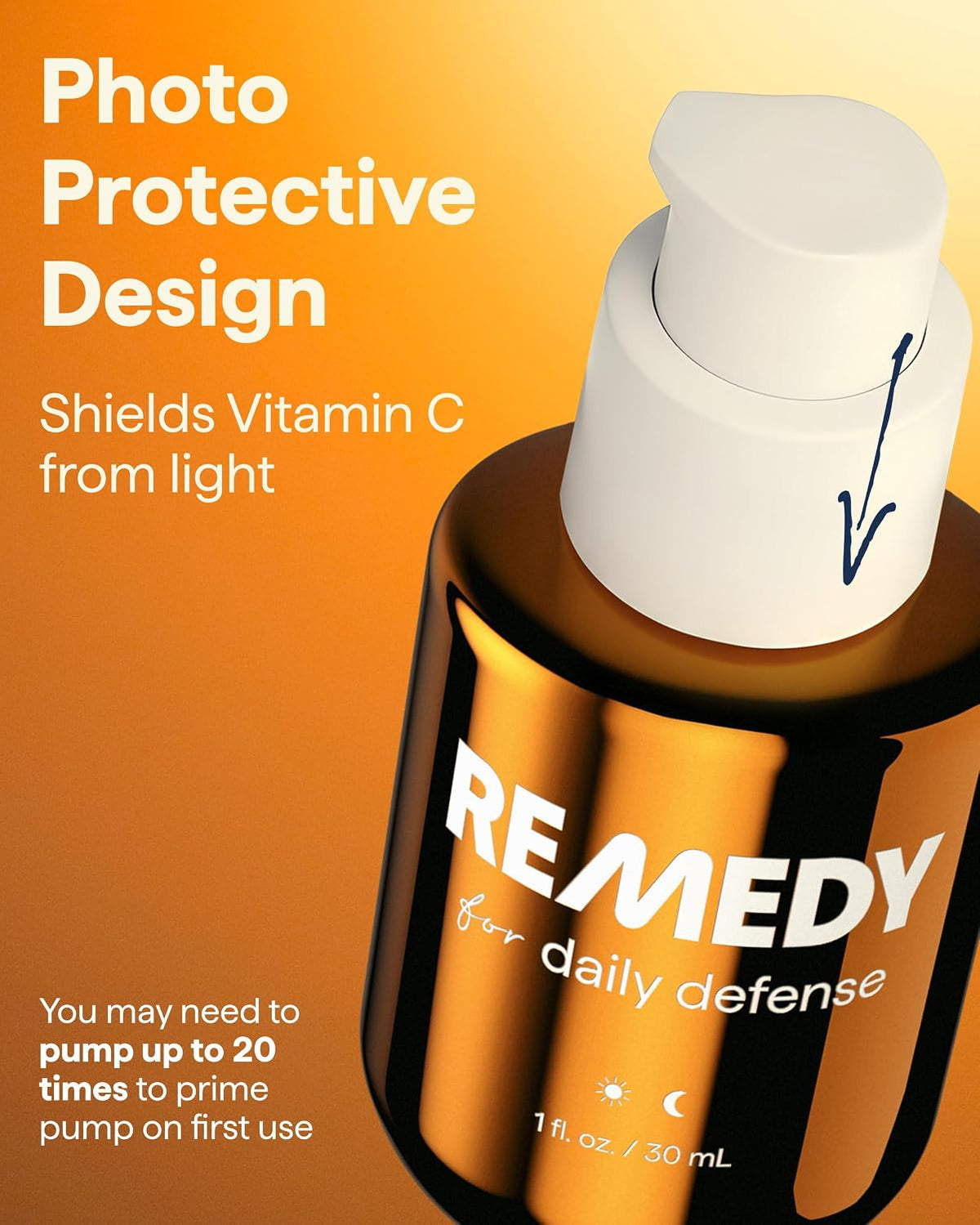 Amber 15% vitamin C brightening serum in white pump bottle, 30 ml.