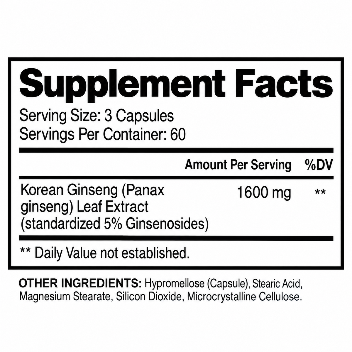 Supplement Facts label for ginseng leaf extract capsules, 1600 mg per serving