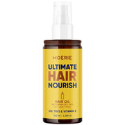 Moerie Ultimate Hair Nourish hair oil bottle, amber-yellow liquid, 100 ml
