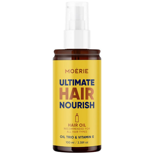 Moerie Ultimate Hair Nourish hair oil bottle, amber-yellow liquid, 100 ml