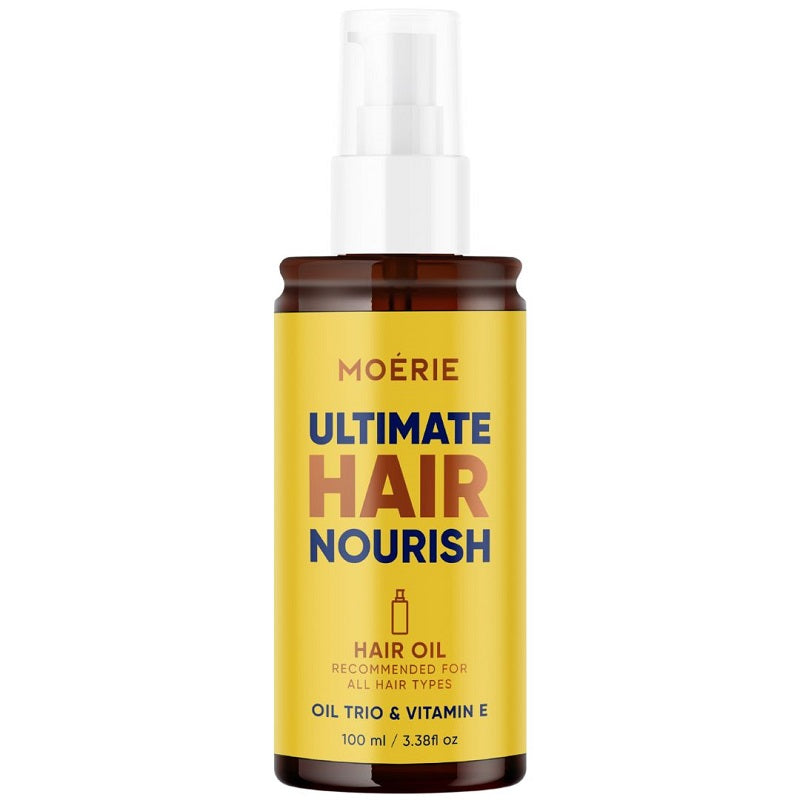 Moerie Ultimate Hair Nourish hair oil bottle, amber-yellow liquid, 100 ml
