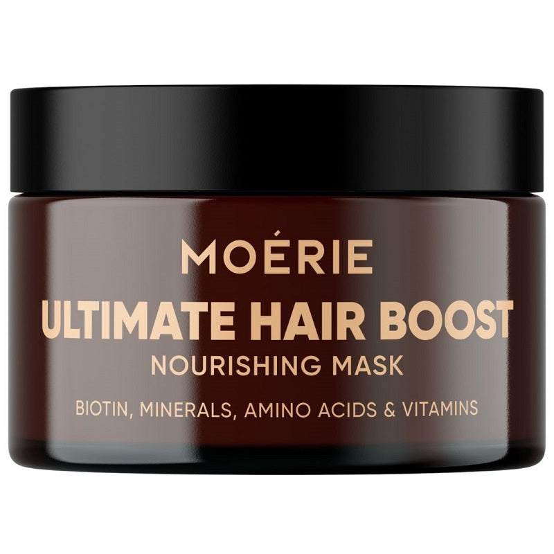 Moerie Ultimate Hair Boost nourishing mask jar with black lid, biotin minerals