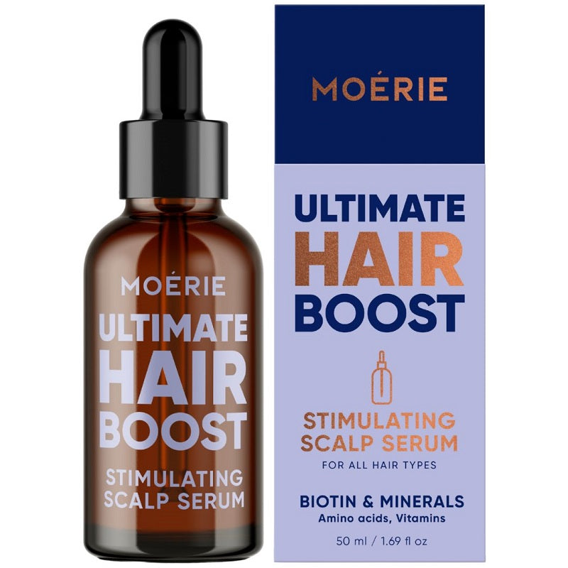 Hair boost scalp serum bottle with retail box, amber glass and black dropper