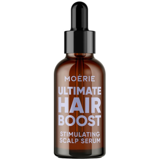 Ultimate hair boost stimulating scalp serum bottle, amber glass and black dropper cap