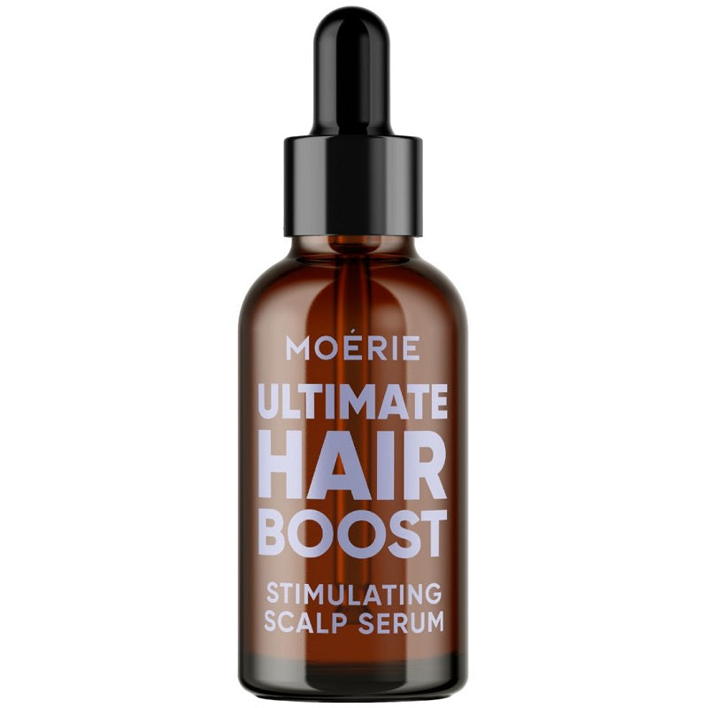 Ultimate hair boost stimulating scalp serum bottle, amber glass and black dropper cap
