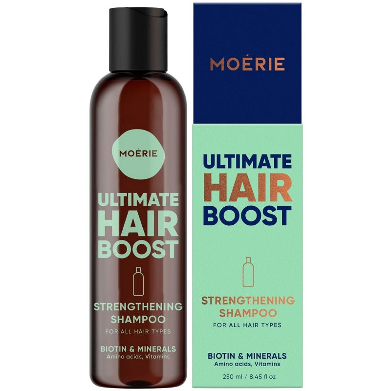 Hair boost strengthening shampoo bottle with matching Ultimate Hair Boost package, 250 ml