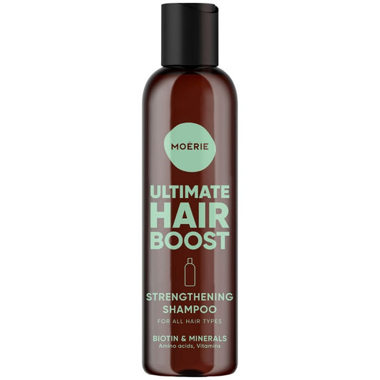 Moerie Ultimate Hair Boost strengthening shampoo bottle, 250 ml, biotin & minerals