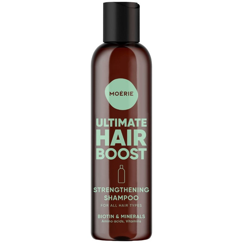 Moerie Ultimate Hair Boost strengthening shampoo bottle, 250 ml, biotin & minerals