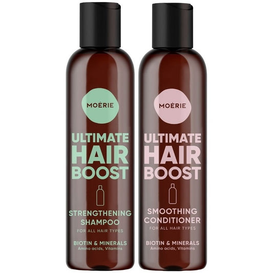 Hair boost set: strengthening shampoo and smoothing conditioner bottles, Biotin & Minerals