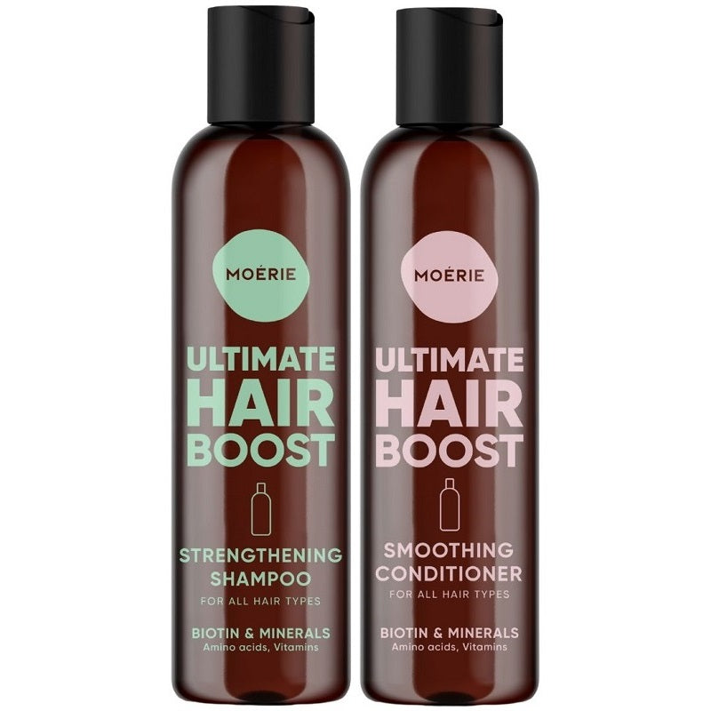 Hair boost set: strengthening shampoo and smoothing conditioner bottles, Biotin & Minerals
