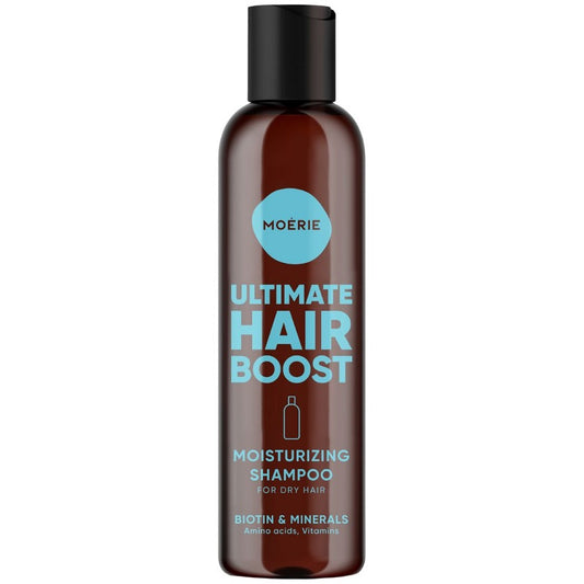 Moerie Ultimate Hair Boost moisturising shampoo bottle with black cap