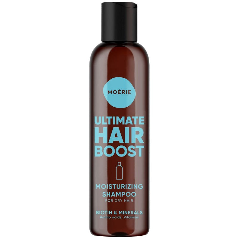 Moerie Ultimate Hair Boost moisturising shampoo bottle with black cap