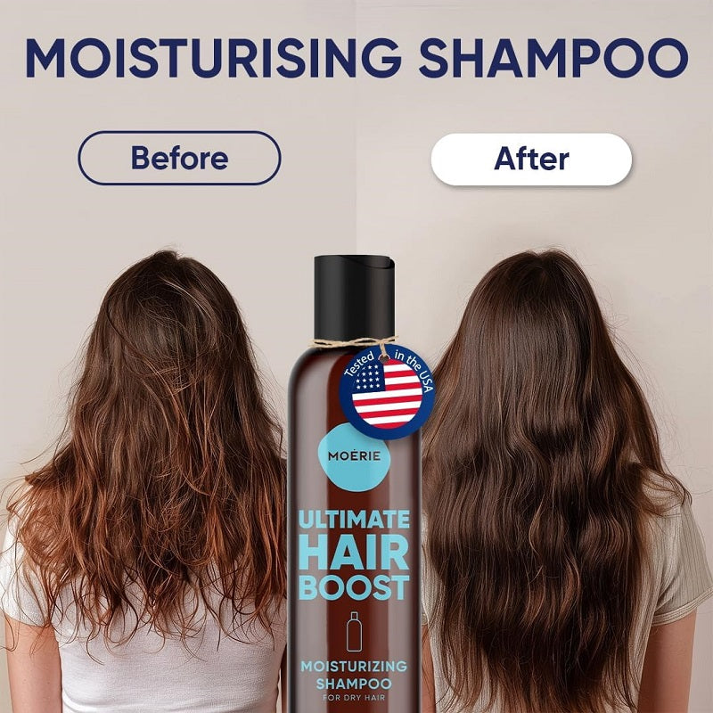 Moerie Ultimate Hair Boost moisturising shampoo bottle between before-and-after hair views