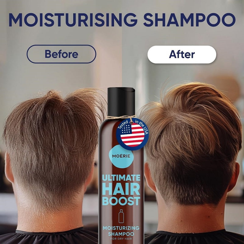 Moerie Ultimate Hair Boost moisturising shampoo bottle with before-and-after hair views