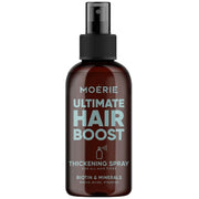 Moerie Ultimate Hair Boost thickening spray bottle with black pump, brown glass