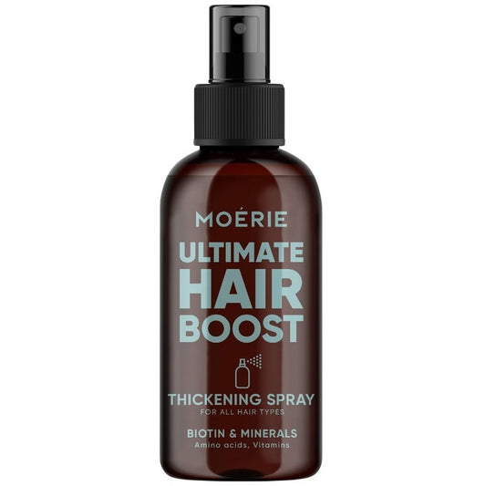 Moerie Ultimate Hair Boost thickening spray bottle with black pump, brown glass