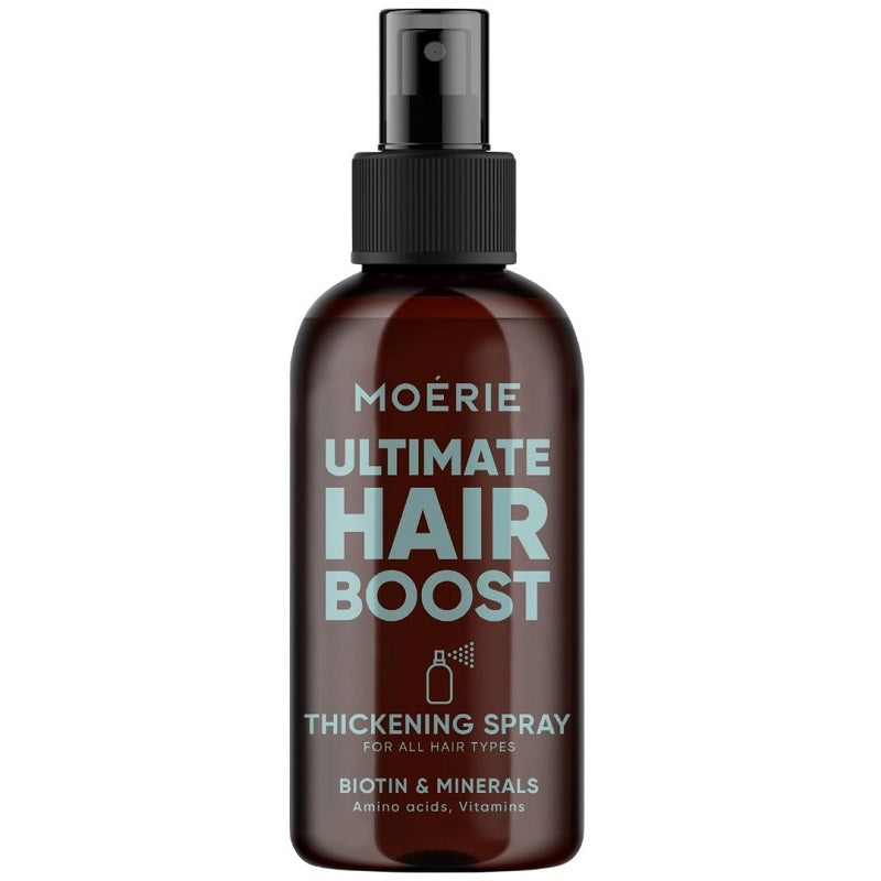 Moerie Ultimate Hair Boost thickening spray bottle with black pump, brown glass