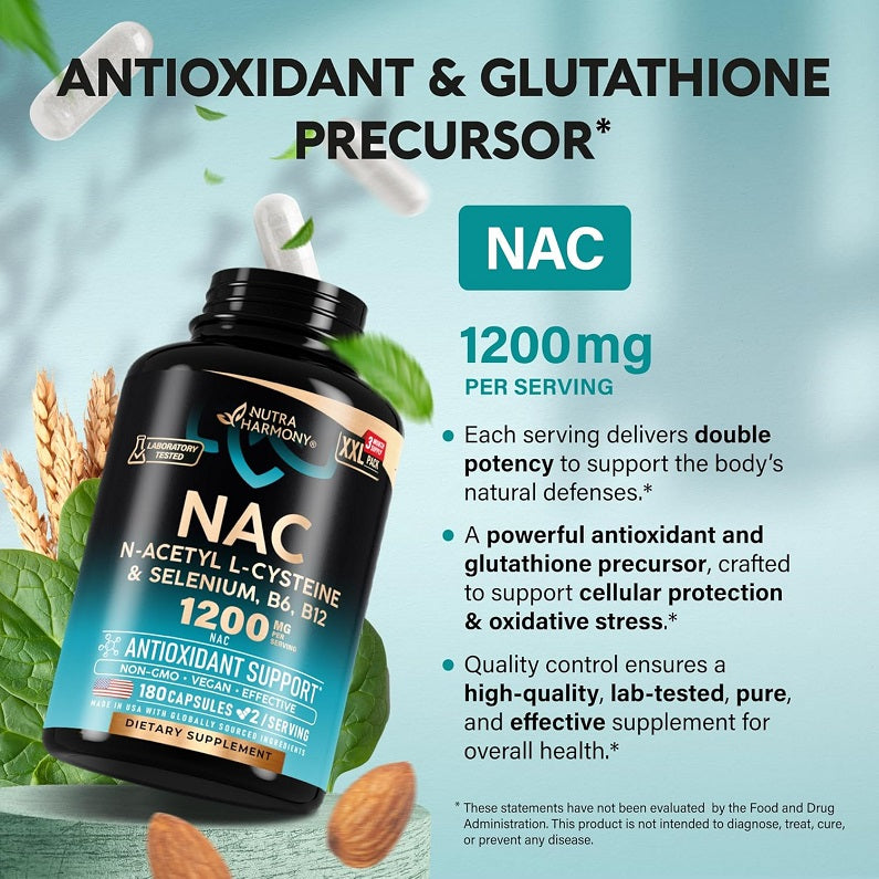 NAC supplement bottle labeled 1200 mg per serving, antioxidant support, non-GMO vegan.