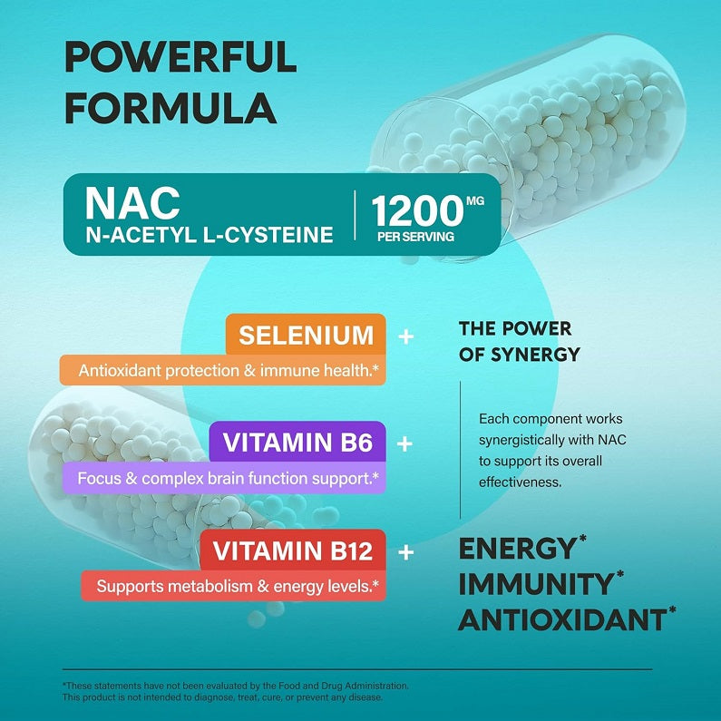 Formula graphic: NAC 1200 mg per serving, selenium, vitamin B6 and B12 for energy and immunity.