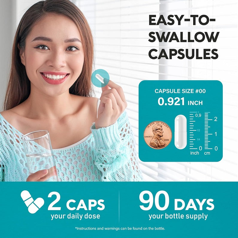Easy-to-swallow capsules: size #00 0.921 in, 2 caps daily, 90-day bottle supply.