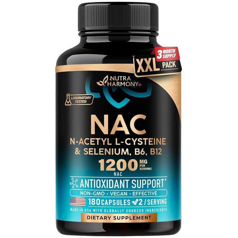 Supplement bottle with black cap, labeled NAC, selenium, B6 and B12, antioxidant support.