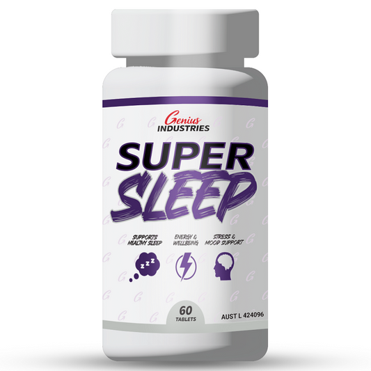 Supplement bottle with white and purple label, Super Sleep text and 60 tablets